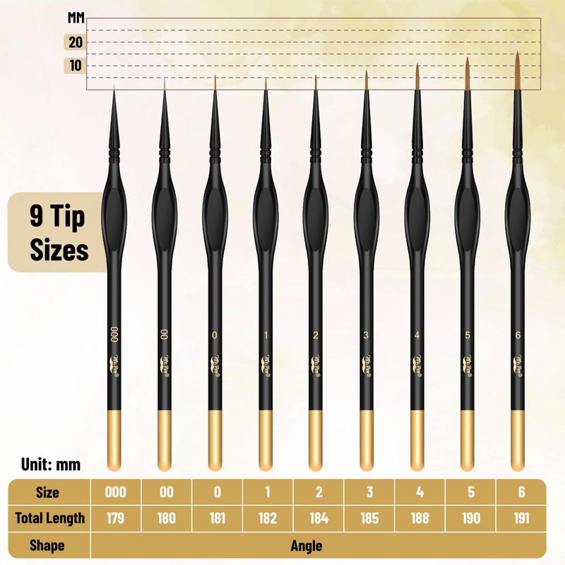 Mr. Pen Detail Paint Brush Set - 9pcs, Gold/Black, Miniature,
