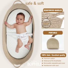 BOPHILI Baby Changing Basket Foldable Baby Changing Pad and Waterpoof Cover, Premium Handmade Cotton Rope Reinforced Moses Baskets Changing Table Topper, Built-in Security Strap (Warm Brown)