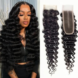 Deep Curly 2x6 Lace Closure with Baby Hair Deep Middle Part Remy Human Hair Swiss Kim K 2x6 HD Lace Closure (Deep Wave, 22 inch)