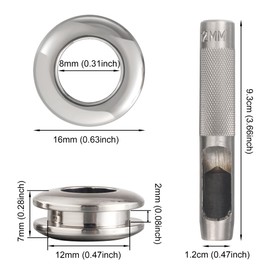 Notgia 6 Sets Brass Grommets Kit Eyelets and Grommets 8mm Inside Hole Size with 12mm Leather Hole Punch Tool Handbag Purse Hardware Screw Grommets for Repair and Making Leather Crafts (Silver)