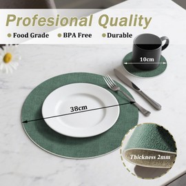 KERYCHIN Round Leather Placemats(38cm) and Coasters(10cm) Set of 4, Heat-Resistant 212°F Place Mats, Non-Slip ＆ Wipeable, Table Mats for Home, Hotel, Kitchen, Restaurant, Dining Table, (Green/Cream)