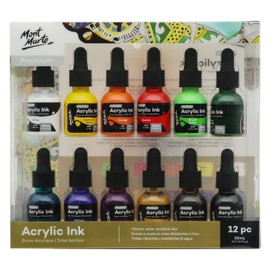 Mont Marte Acrylic Ink Premium 12pc x 20ml (0.7 US fl.oz), Acrylic Inks for Artists, Essential Colors, Ideal for Air Brush, Pouring Art, Scrapbooking, Ink Drawing, Mixed Media