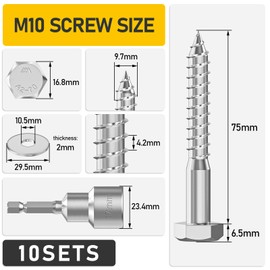 Valorada 10Pcs M10 x 75mm Coach Screws, Hex Head Wood Screws, Heavy Duty Lag Bolts, Concrete Screw, Hex Furniture Bolt, 304 Stainless Steel with Washers and Magnetic Hexagon Socket