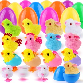 12 Pack Jumbo Easter Eggs Filled with Wind Up Toys, Colorful Plastic Egg with Wind-Up Jumping Chicks Bunny Plush for Kids Easter Basket Stuffers Fillers Easter Hunt Party Favor for Toddlers Boys Girls