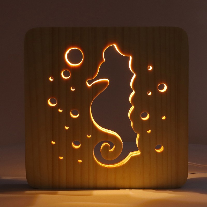 Wooden 3D LED Light Hollow Seahorse Pattern USB Power Supply