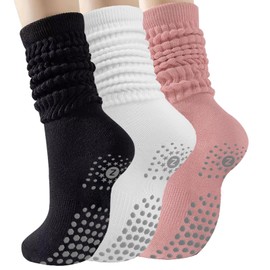 ZANZER Grip Pilates Socks for Women, Yoga Slouch Socks with Grip for Barre Workout Hospital Long Scrunch Slipper Socks (AU, Numeric, 00, 3, Pink + White + Black)