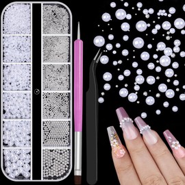3D Metal Caviar Beads & Half Pearls Nail Art Kit,Silver Stainless Steel Mini Balls Charms,White Flatback Half Round Pearls with Tweezers and Brush for Nail Crafting DIY, Face Makeup (31-K1-4)