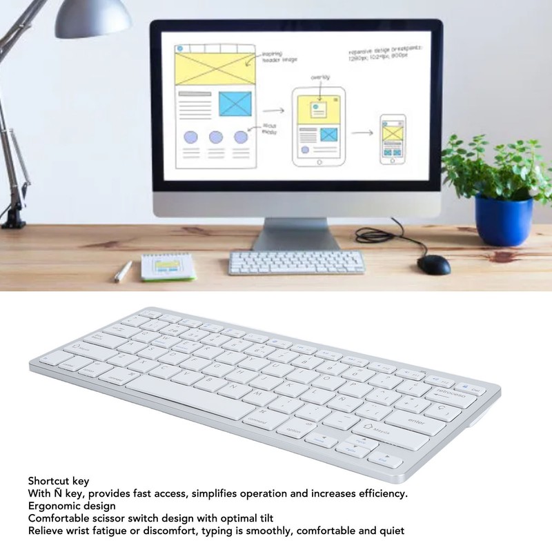 78 Keys Spanish Wireless Bluetooth Keyboard Thin Lightweight Silent Spanish