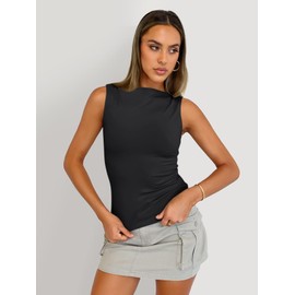 Trendy Queen Womens Going Out Casual Tank Tops Cute Y2K Spring Summer Basic Fitted Boat Neck Crop Petite Tops Sleeveless Tee Shirt 2024 Fashion Outfits Clothes Black