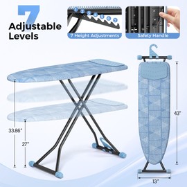 KINGBOARD Ironing Board, Compact Iron Board with Silicon Iron Mat, Heat Resistant Cover, 7 Height Adjustable, Foldable Ironing Board Wall Mount Hanger, 13x43 Blue