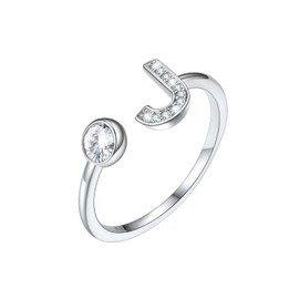 SILVERCUTE Open Ring Silver 925 Women's A-Z Letter Ring 925 Sterling Silver Initial Rings with Zirconia Adjustable Alphabet Rings Women Finger Ring Wedding Rings Fashion Jewellery for Birthday,