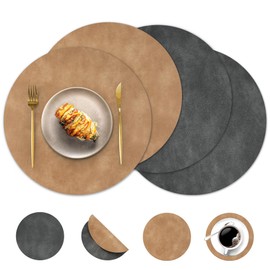 Pixieora Round Placemats and Coasters Set of 4, Washable Reversible Faux Leather Placemats Cowhide Pattern Place Mats Wipeable Non-Slip 15 inch Round Kitchen Dining Table Mats (Gray Tan, 4)