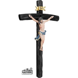 Kaltner Präsente Geschenkidee: 15 cm Wandkreuz Kruzifix aus Holz Fichte schwarz gebeizt - Handgemalte Jesus Christus Figur aus hochwertigen Kunstguss aus Resin – Dekoration