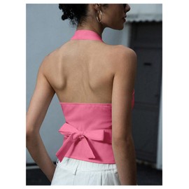 SOLY HUX Women's Button Down Suit Vest Halter V Neck Backless Waistcoat Sleeveless Tank Tops Solid Pink Medium