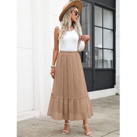 ANRABESS Maxi Skirts for Women Tulle Long Tiered Elastic High Waisted A Line Flowy Dressy Casual Skirt 2025 Fall Trendy Nutmeg X-Large