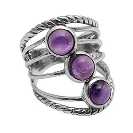 Silver Palace Natural Amethyst Gemstone 925 Sterling Silver Multy Layer Band Three Stone Ring
