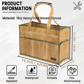 Tool Tote with 6 Pockets & Handle, Durable Waxed Canvas Tool bag for Tool Organizer & Storage (Khaki)
