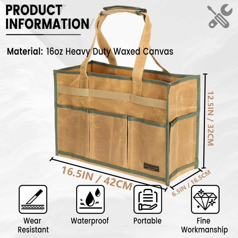 Tool Tote with 6 Pockets & Handle, Durable Waxed Canvas