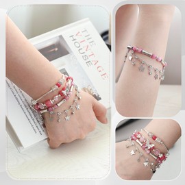 Besydec Hot Pink & Silver Beaded Bracelet Set with Butterfly Charms Adjustable Stackable Jewelry for Women, Birthdays & Everyday Glam