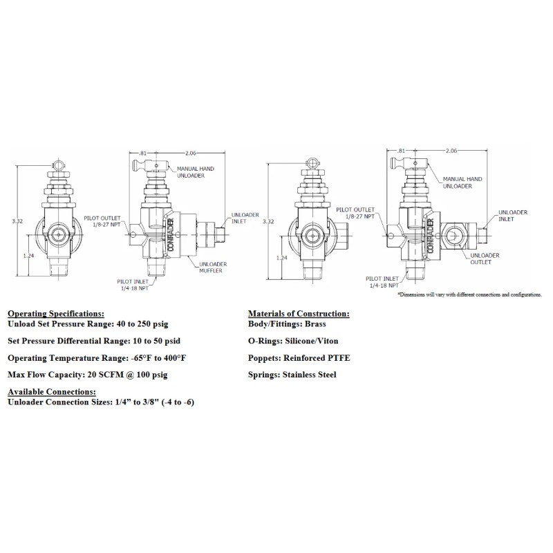 Conrader Compressor Pilot Unloader Discharge Valve Muffler Vent, 1/4" Compression