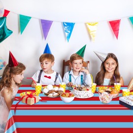 4 Pcs Red and Blue Striped Tablecloths, Carnival Circus Party Decorations, Plastic Table Cover for Circus Party Movie Night Birthday Fiesta Party Decor, 220 x 130cm
