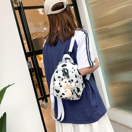 VALICLUD Mini Canvas Daypack with Plush Cow Pendant Cow Print Backpack Adorable Backpack for Women Lady Girls Outdoor Travel Shopping (White)