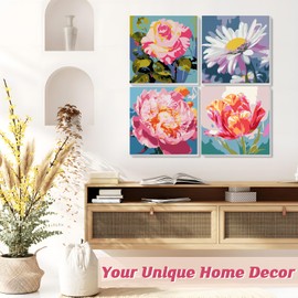 GHHKUD Paint by Numbers Adults, Children and Beginners, Set of 4 Paint by Numbers Night with Crease-Free Canvas, Brush and Acrylic Paint, Flowers Hand Painted Oil Painting Kit as a Gift, 20 x 20 cm