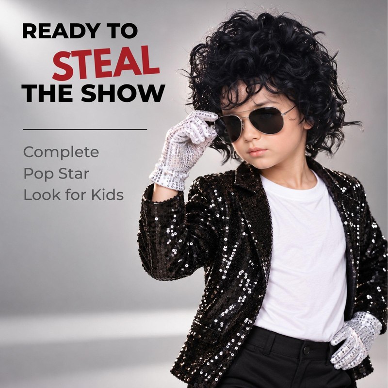 Kids 80s Pop Star Black Jerry Curl Wig & Sunglasses,
