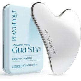 PLANTIFIQUE - Herramienta facial Gua Sha de acero inoxidable, herramienta de masaje de piel para cara, cuerpo, ojos y cuello, forma de corazón con bolsa de viaje, regalo para el cuidado de la piel