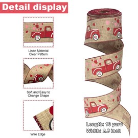 Hying Valentine's Day Ribbons - 2.5"10 Yards Red Heart Truck Wired Edge Natural Burlap Craft Ribbons for Weddings, Anniversaries & Parties