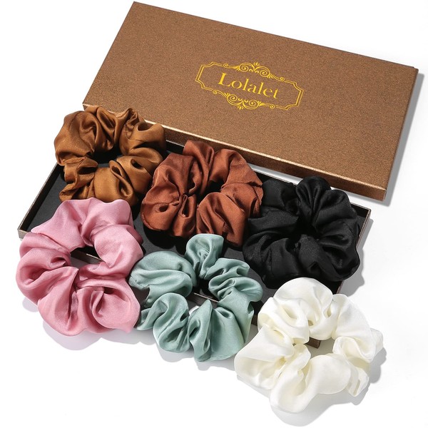 Lolalet Hair Bobbles Silk Scrunchies Satin for Women, Soft Elastic Silk Scrunchies Large for Women Girls 6 Colours - Brown, Chocolate, Lilac, Green, White, Black (Pack of 6)
