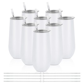 Lifecapido 8 Pack Insulated Champagne Tumblers, 12oz Champagne Flute Tumbler, Stainless Steel Stemless Champagne Glass, Unbreakable Cocktail Cups with Lid for Birthday Party Wedding Christmas (White)