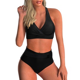 MAIABLEAU Womens Criss Cross High Waisted Swimsuits Bandage Bikini Wrap Top Bathing Suits Black XL