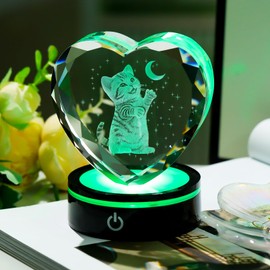 Arikyrist K9 Crystal Heart Engrave 3D Cat and Moon Figurine Keepsake with LED Light Base Cat Themed Gifts for Women Cats Lovers Collectible Paperwight Ornaments Home Decor
