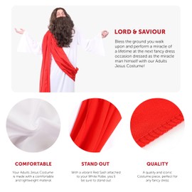 Jesus Christ Costume - Standard - White Robe with Red Sash with Wig and Beard, Gold Cross and Crown of Thorns - Mens Funny Fancy Dress Party Costume