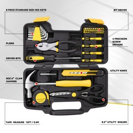 Auto Dynasty Tool Kit for Home 39-Pieces, Basic Household Hand Tool Sets with Screwdrivers Combination Tools, All in One Plastic Toolbox Storage Case for College Dorm, Office, Auto Repair (Yellow)