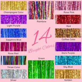 LADYAMZ Clip In Tinsel Hair Extensions 14 Colors, 19.7 Inch Glitter Fairy Hair Tinsel Kit Clips, Sparking Hairpieces Colorful Hair Accessories for Girls Women Kids Gift Party Favors Highlights