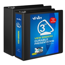 ViVin Durable 3 inch Slant-D Ring Binder, View Binder Three Ring Large Binder, 725-Sheet Capacity, Fit 8.5" x 11" Paper, 2 Pack(Black)