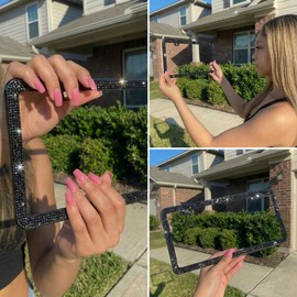 2 Pack Bling License Plate Frames for Women, Sparkly Rhinestone Diamond Car Accessories with Glitter Crystal Caps (Black)