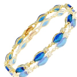 Riva Tennis Bracelet [18 cm/7 Inch] with Marquise Cut Gemstone Cubic Zirconia CZ [4 Colours Available] in 18K Yellow Gold Plated, Simple Modern Elegance, Brass, Sapphire