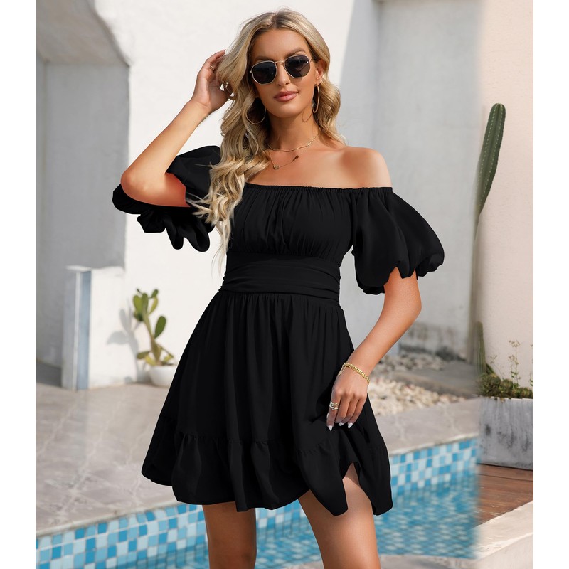 Phortric Womens Tie Back Summer Dress Square Neck Short Sleeve