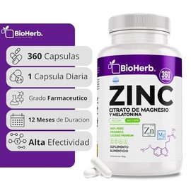 BioHerb® | Zinc y Magnesio con Melatonina, Fórmula de Bienestar y Relajación Natural con 360 Cápsulas de 500 mg (Suministro Para 12 Meses) Gluconato d