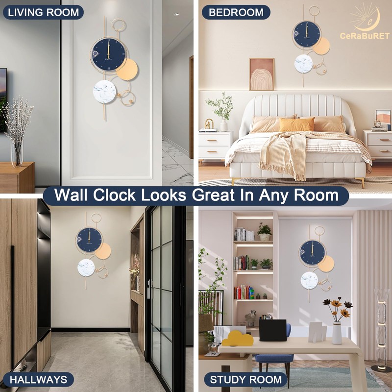 Blue And Gold Wall Clocks W/Hook 30" Large Wall Clock