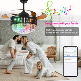 Teracfan 48 Inch Crystal Ceiling Fan with Light, Black Retractable Ceiling Fans with Remote,RGB LED Dimmable Crystal Ceiling Fan for Bedroom Living Room Dining Room