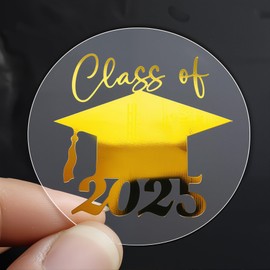100 x Class of 2025 Gold Foil Graduation Round Envelope Seals Foil Transparent Stickers Real Foil High School College Graduation 2025 Labels Envelope Seals Clear Stickers (Class of 2025 - Gold)