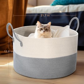 Extra Large Basket, 21.7"D X 13.8"H Cotton Rope Basket with Handles, XXL Blanket Storage for Living Room, Decorative Toys Basket, Baby Laundry Baskets, Soft Nursery Basket for Organizing (Grey)