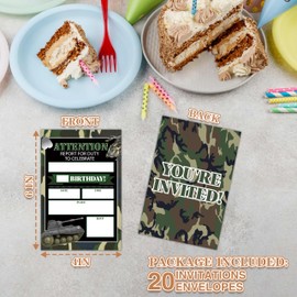 Zmyollo Army Birthday Invitations with Envelopes - 20PCS Kids Birthday Party Invitations for Boys - Military Camo Birthday Party Supplies Decorations -38