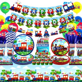 Train Party Supplies , Includes Happy Birthday Banner, Plates, Cupcake Toppers, Napkins, Cups, Tablecloths, for Train Theme Party Birthday Vehicle Party Decorations Serves 20