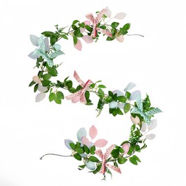 Easter Garland, 6 FT Artificial Green Leaf Vine with Pink and Mint Bows, Decorative Eggs, Spring Home Decor