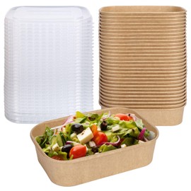 FYSUIMU 100Pcs 17oz Disposable Kraft Paper Bowls With Lids Rectangle Food Containers Salad Bowls For Home Restaurant Camping Hot Cold Take Out